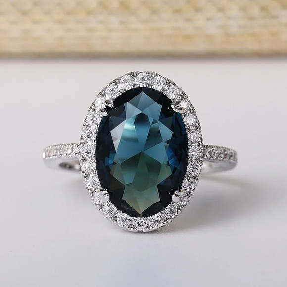 ▶Noble Hollow Anillos Super Large Oval Pure Royal Blue CZ Silver Ring, L263 - Picture 1 of 7